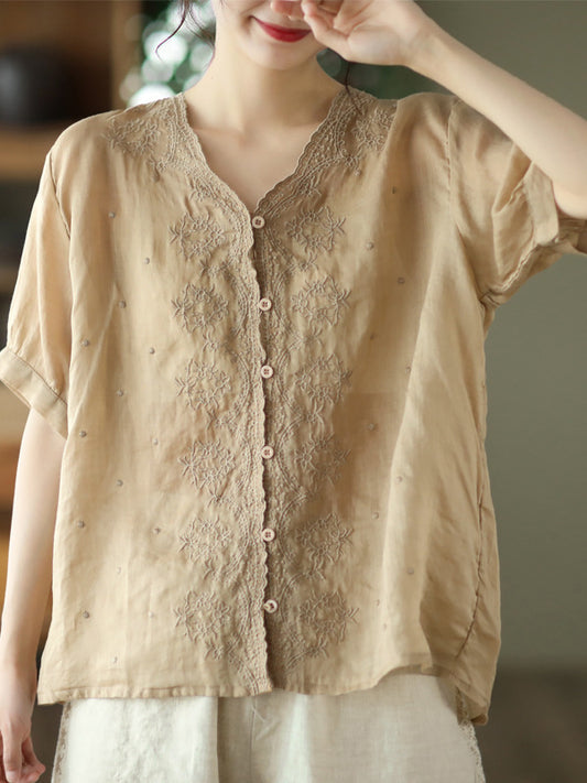 Artistic Retro Loose Solid Color Ramie Cotton Embroidered Blouse