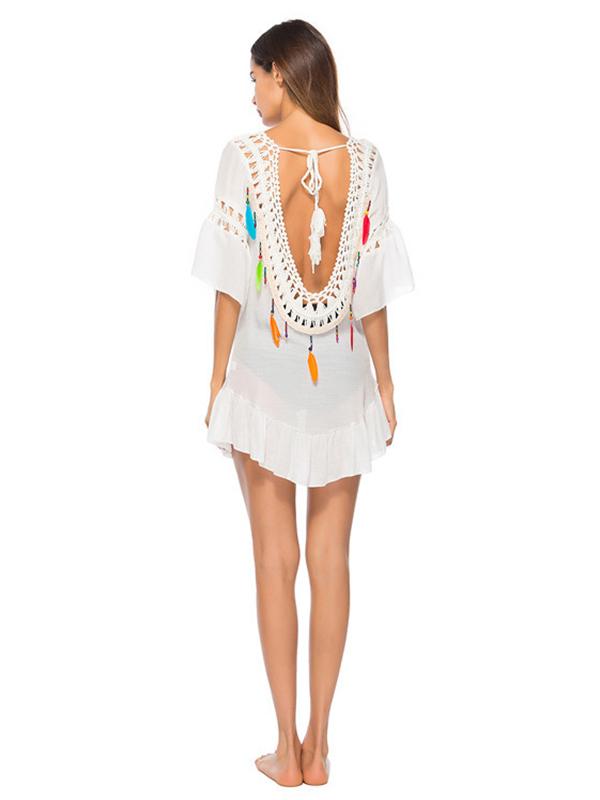 Plain Hollow Short Sleeves Cover-Ups Swimwear