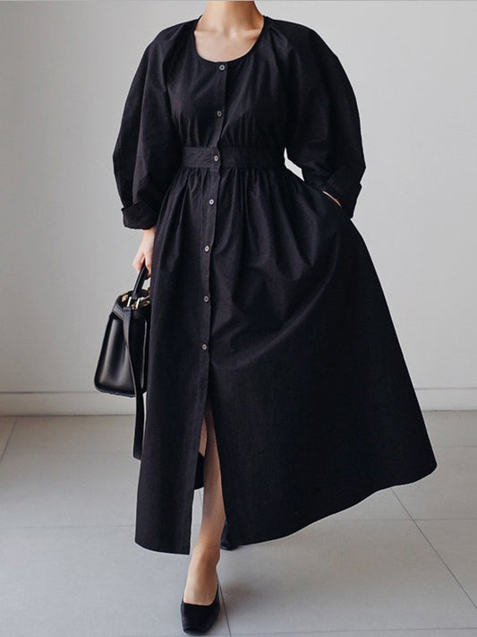 Original Solid Color Pleated Buttoned Round-Neck Bishop Sleeves Midi Dress