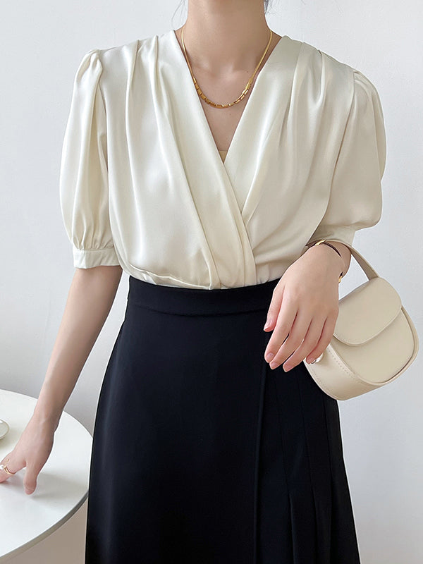 Office V-Neck Half Sleeves Solid Color Blouse