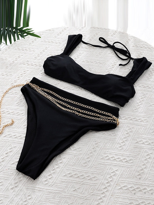 Solid Color Padded Chains High-Waisted Bikini Swimwear