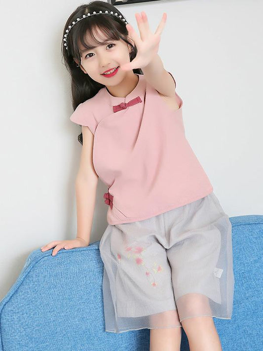 Casual Chinese Style Cotton Little Girl Suit Pants and T-shirt