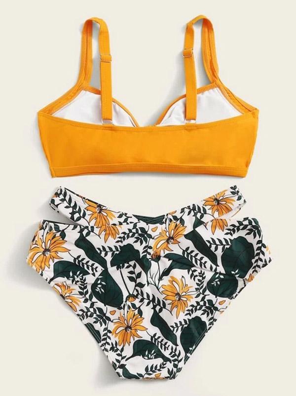 Floral-Print Knotted Split Bikini Swimsuit