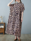 Original Loose Ramie Cotton Leopard Printed Buttoned Stand Collar Midi Shirt Dress