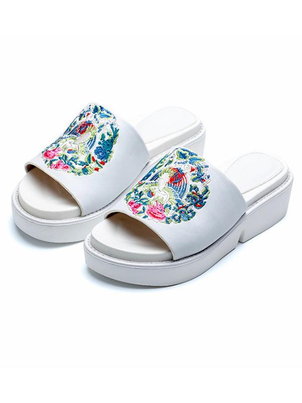 Embroidered Peep-toe Slides Shoes