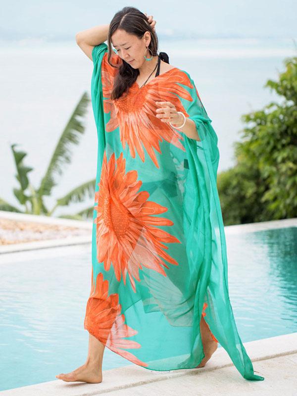 Sunflower Pattern Loose Plus Size Beach Cover-ups