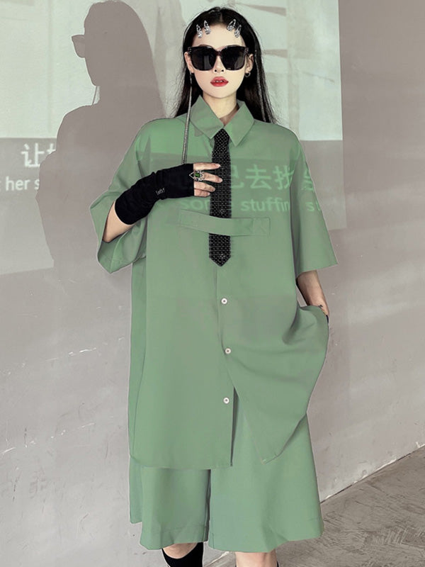 Cool Chic Loose Split-Joint Solid Color With Tie Lapel Collar Half Sleeves Blouse&Pleated Wide Legs Shorts 2 Pieces Set