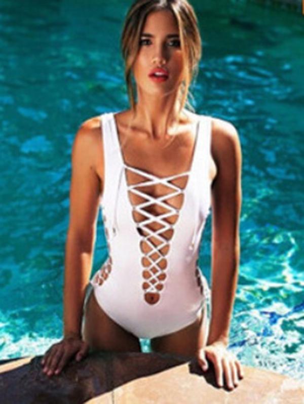 Sexy Lace-up Plain One-piece Swimwear