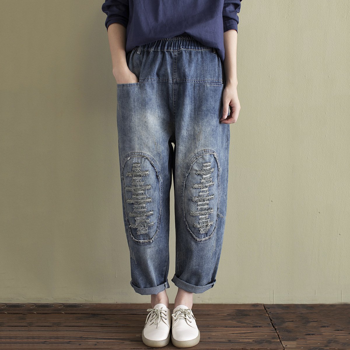 Buykud Personalized Frayed Design Solid Color Harem Jeans