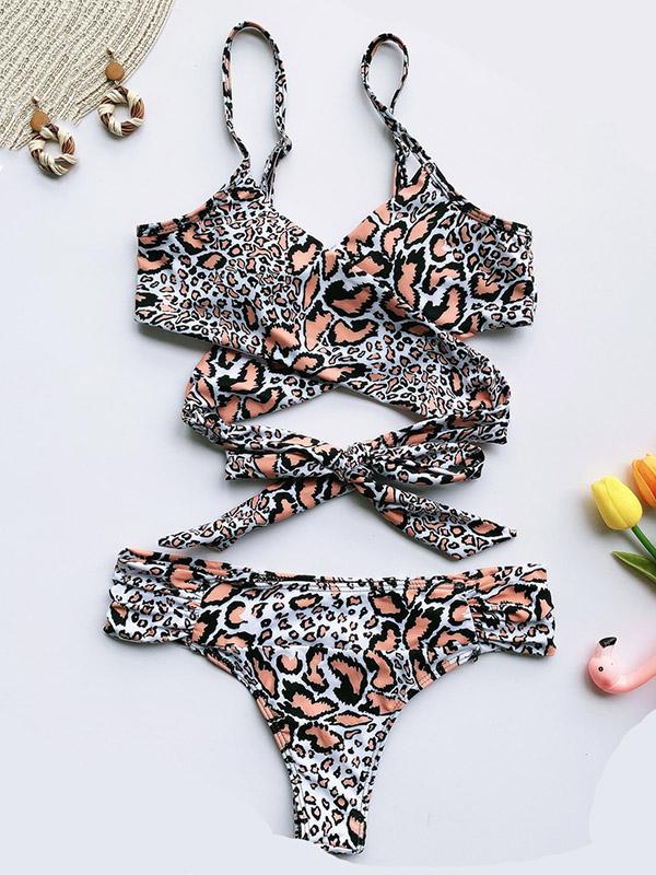 Leopard Print Lace-Up Bikini Swimsuit