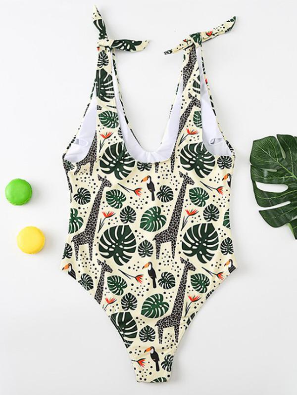 Deep V-Neck Shoulder Bandage Forest Print One-Piece Swimwear