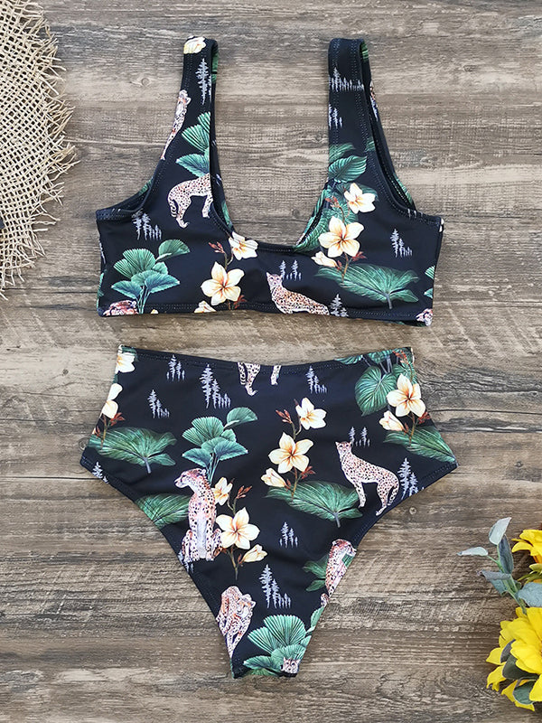 High Waisted Leopard Flower Print Bikini Swimsuit