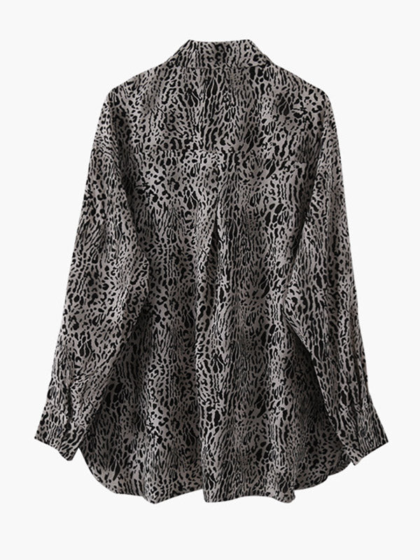 Stylish Leopard Buttoned Lapel High-Low Long Sleeves Blouse Tops