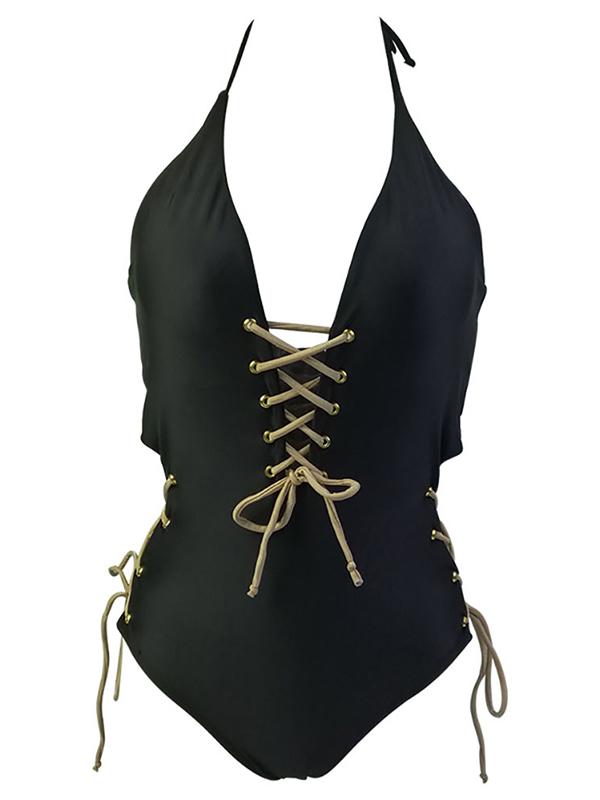 Lace-up Black Backless One-piece Swimwear