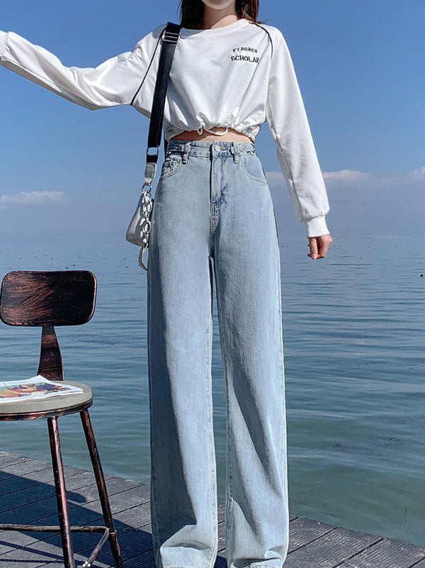 Casual High Waisted Wide Leg Denim Blue Jean Pants Bottoms