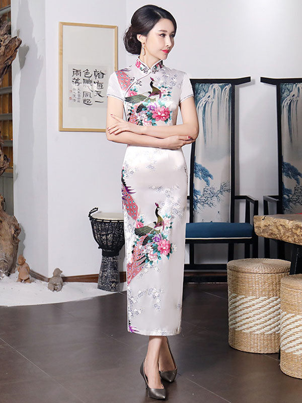 Elegant Satin Printed Short Sleeve Split-Side Long Cheongsams