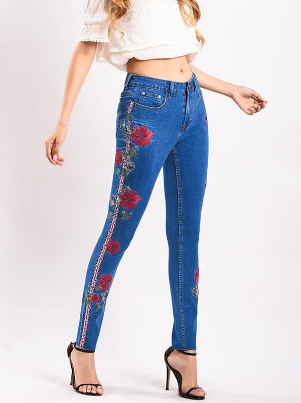 Embroidered Elastic Jeans Pants Bottoms