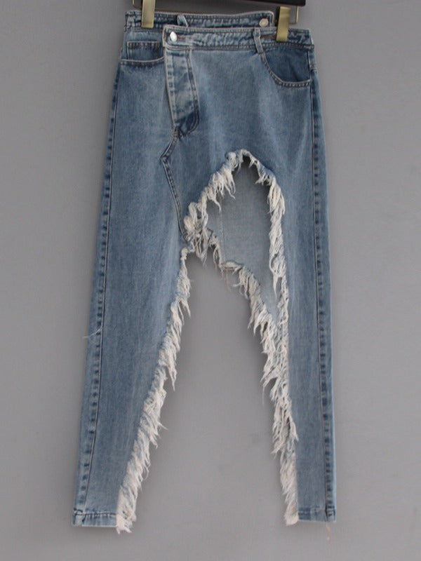 ORIGINAL IRREGULARITY FRINGED SPLIT-FRONT DENIM SKIRT