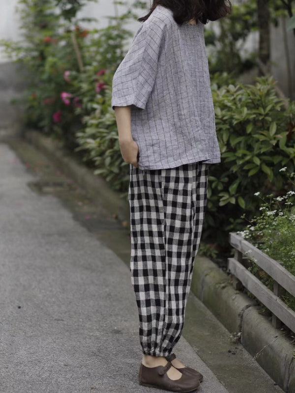 RETRO LINEN PLAID CASUAL HAREM PANTS