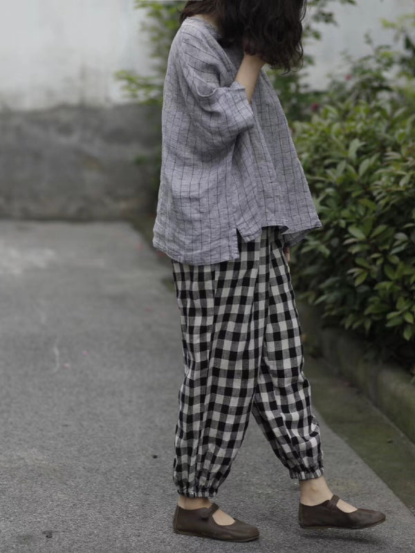 RETRO LINEN PLAID CASUAL HAREM PANTS