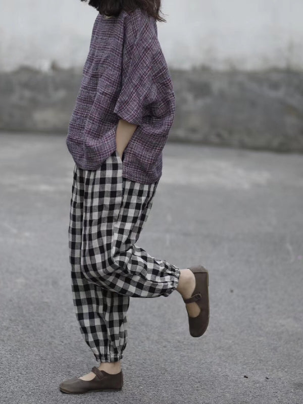 RETRO LINEN PLAID CASUAL HAREM PANTS