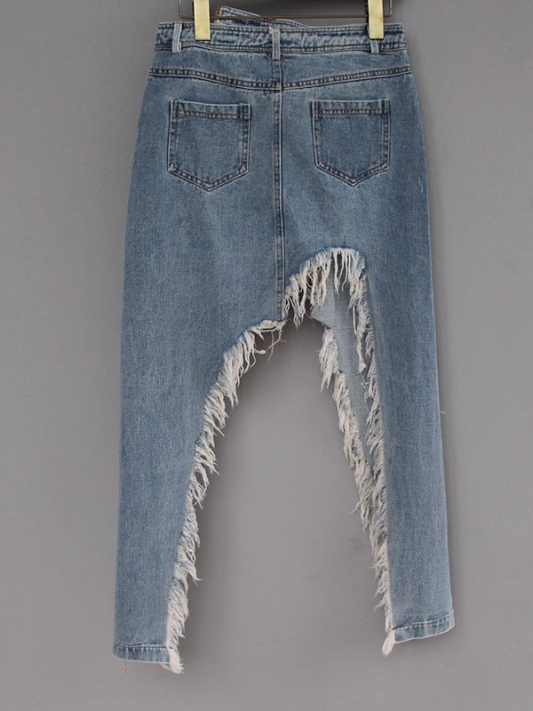 ORIGINAL IRREGULARITY FRINGED SPLIT-FRONT DENIM SKIRT