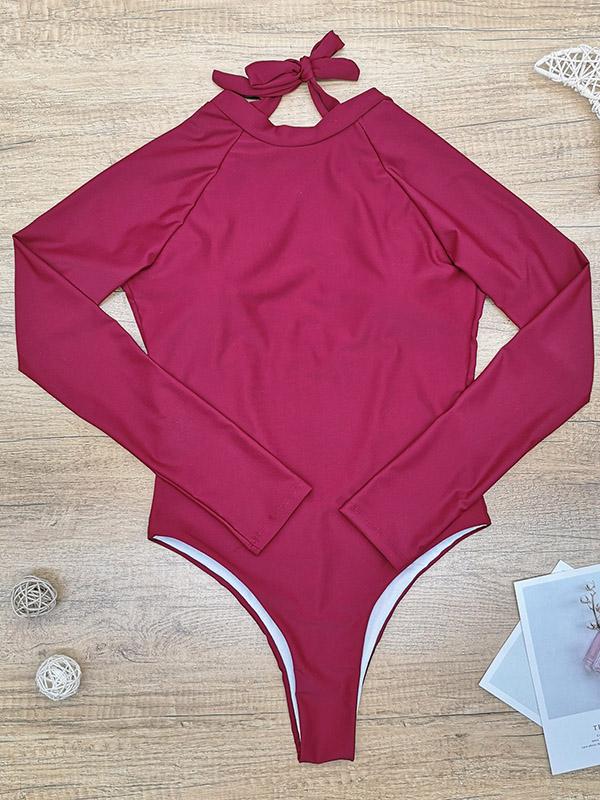 Multi-Color Long-Sleeve Halter One-Piece Swimsuit