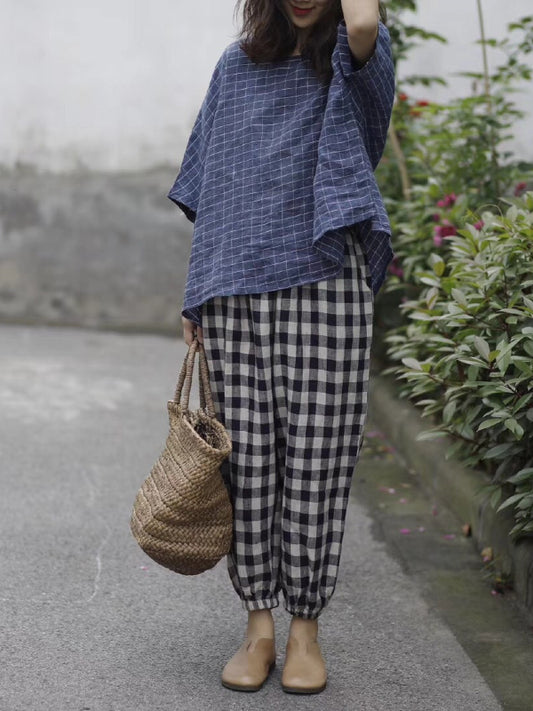 RETRO LINEN PLAID CASUAL HAREM PANTS