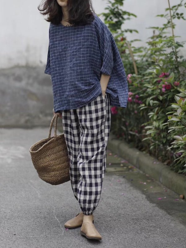 RETRO LINEN PLAID CASUAL HAREM PANTS