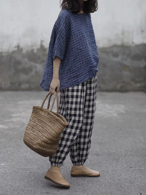 RETRO LINEN PLAID CASUAL HAREM PANTS