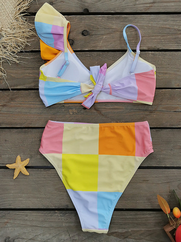 Three Pieces Falbala Color-Block One Shoulder Bikini Swimsuit