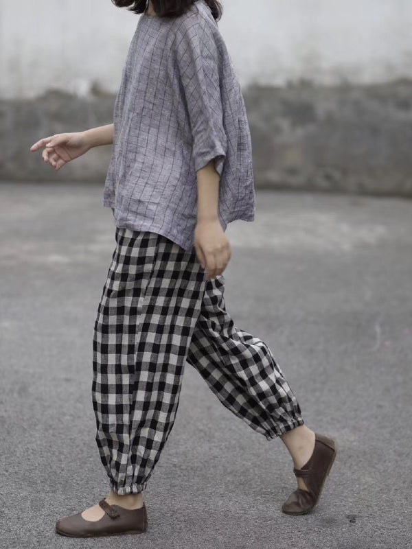 RETRO LINEN PLAID CASUAL HAREM PANTS