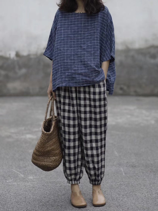 RETRO LINEN PLAID CASUAL HAREM PANTS