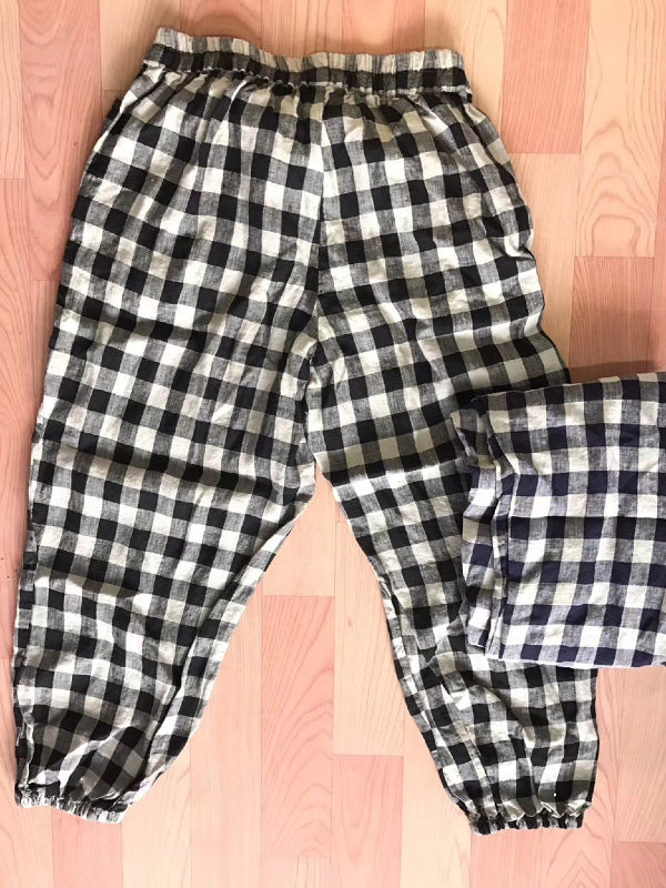 RETRO LINEN PLAID CASUAL HAREM PANTS