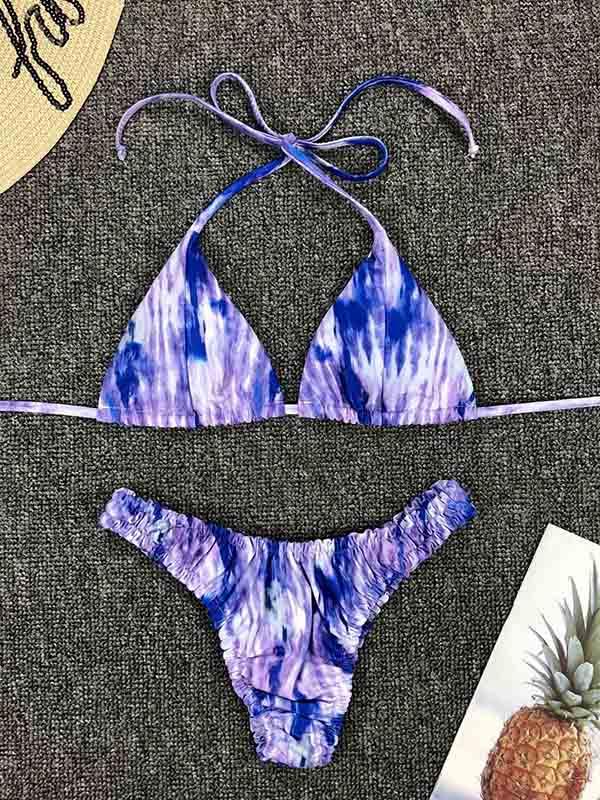 Sexy Spaghetti-Neck Ruffled Tie-Dye Split Type Bikini Swimsuit