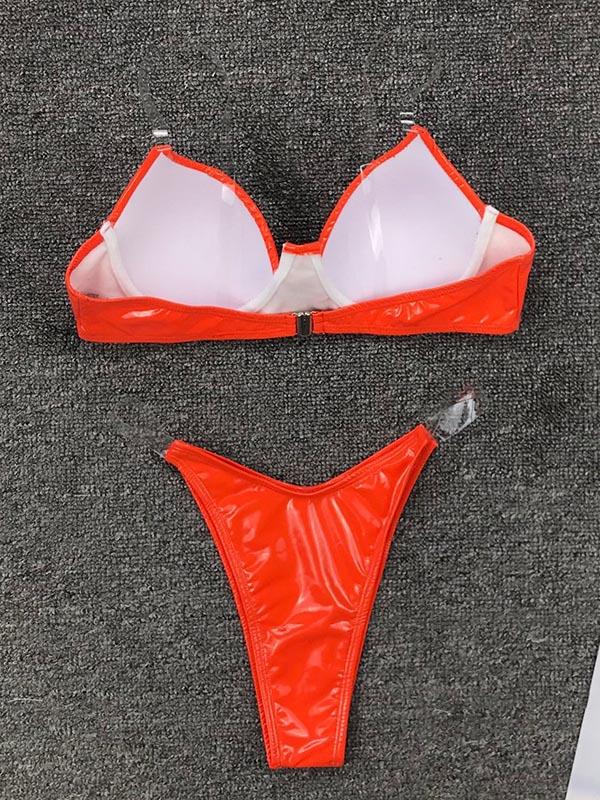 Patent Leather Solid Color Split Bikini Swimsuit