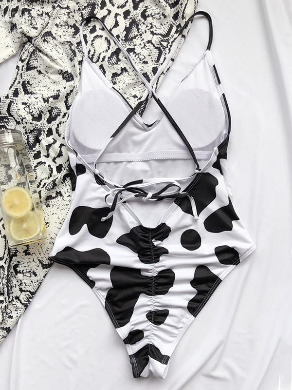 Cow Pattern Spaghetti-Neck Backless Split Bikini Swimsuit