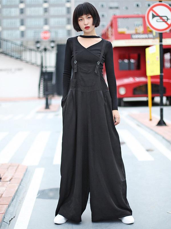 Black Loose Stylish Super Wide Leg Jumpsuits