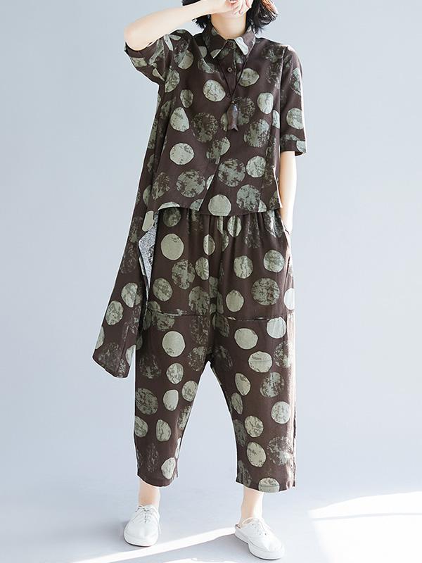 Loose Polka-Dot High-low Lapel Blouse&Pants Suits