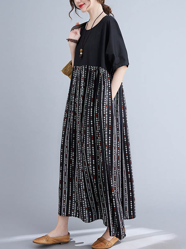 Casual Split-Joint Printed Round-Neck Half Sleeves Loose Midi Dress