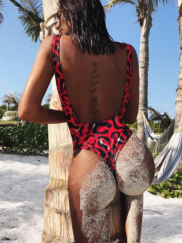 Leopard Printed Backless One-piece Swimwear