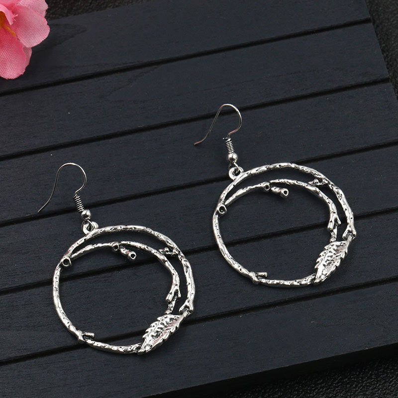 Gold retro hollow branch leaf shaped Big Circle Earrings