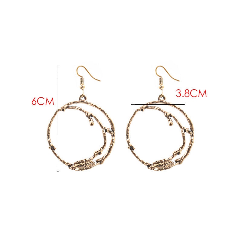 Gold retro hollow branch leaf shaped Big Circle Earrings