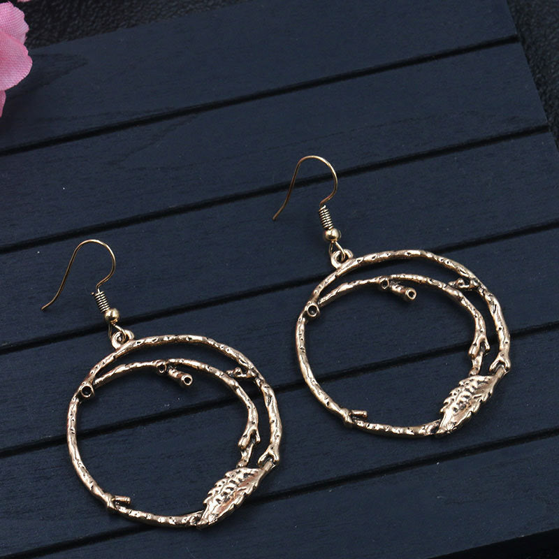 Gold retro hollow branch leaf shaped Big Circle Earrings