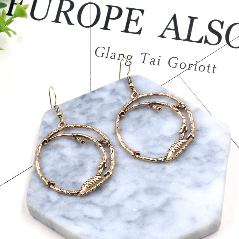 Gold retro hollow branch leaf shaped Big Circle Earrings