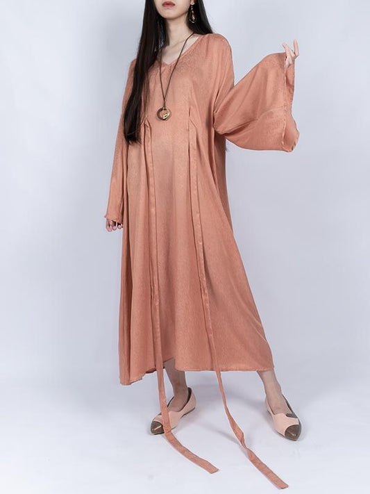 Tencel Flared Sleeves V-neck Lace-up Long Dress