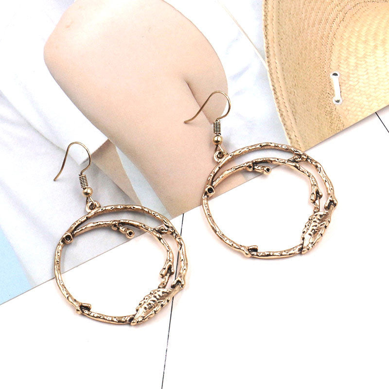 Gold retro hollow branch leaf shaped Big Circle Earrings