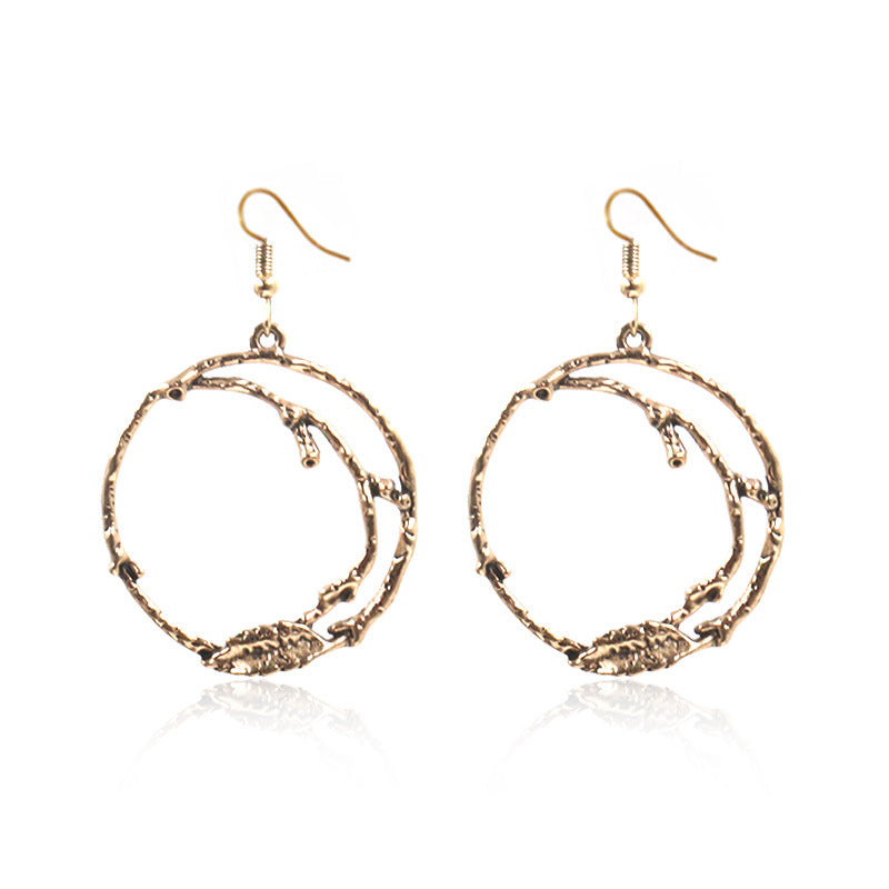 Gold retro hollow branch leaf shaped Big Circle Earrings