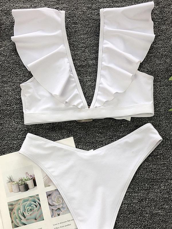 Sexy Flounces V-Neck Metal Buckle Split Bikini Swimsuit