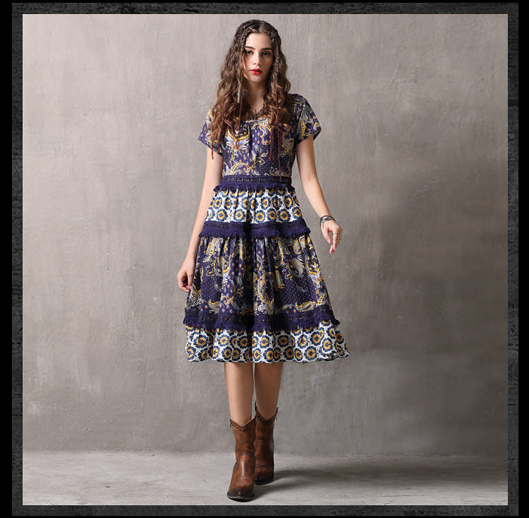 O-Neck Short Sleeve A-line Hollow Out Lace Dresses